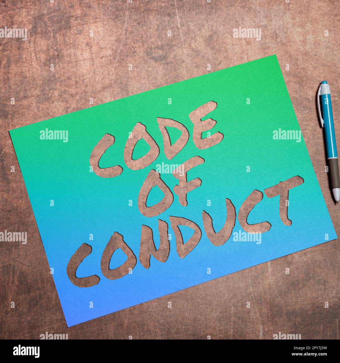 Testo scritto a mano Codice di condotta. Panoramica aziendale regole etiche codici morali principi etici rispetto dei valori Foto Stock