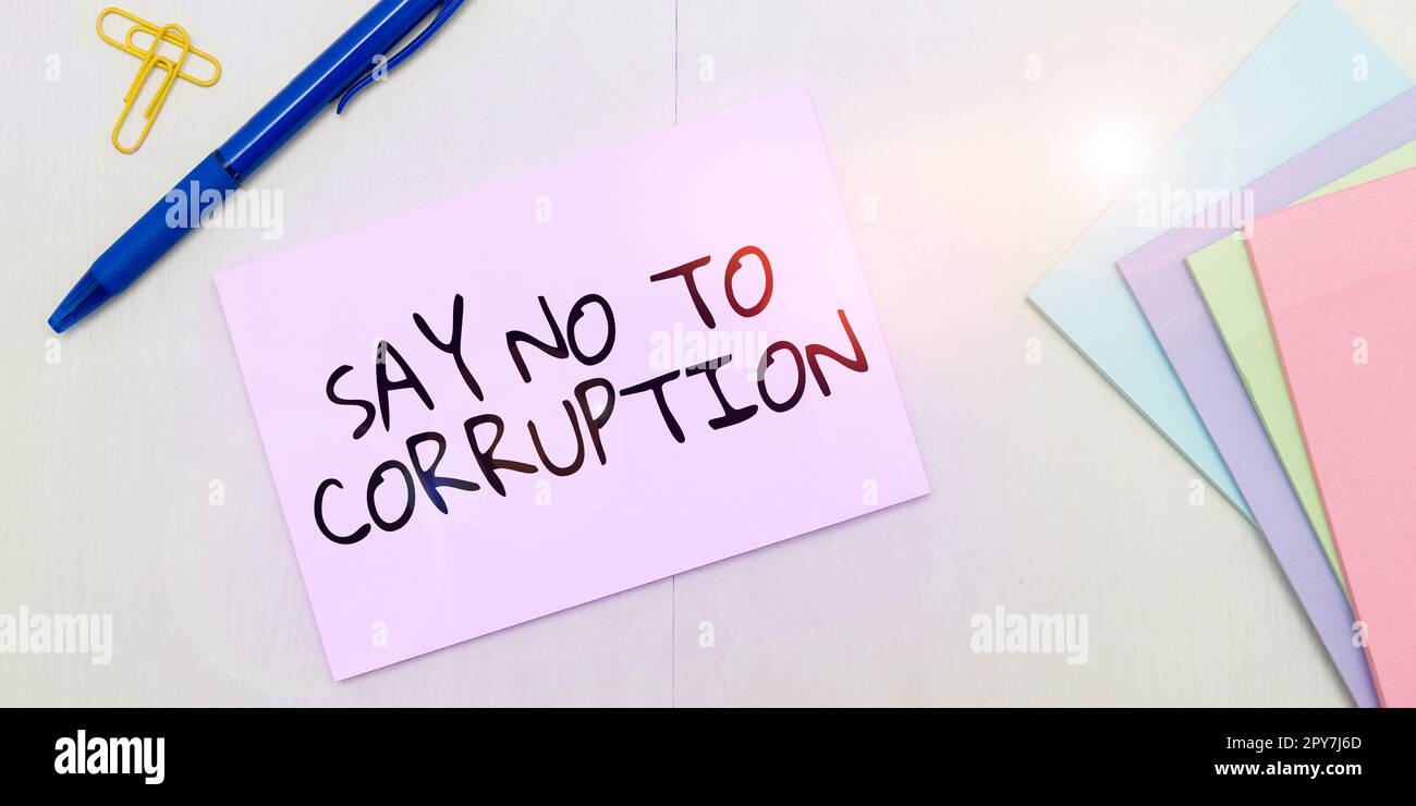 Segno che mostra dire No alla corruzione. Concetto aziendale che introduce lo scambio di denaro decentralizzato Foto Stock