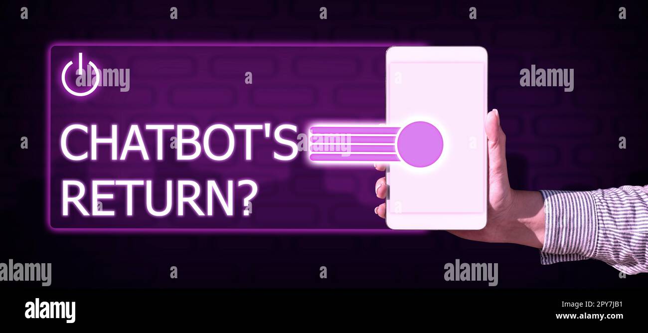 Visualizzazione concettuale del ritorno di chatbot. Il programma di panoramica aziendale che comunica utilizza l'interfaccia di testo e l'intelligenza artificiale Foto Stock