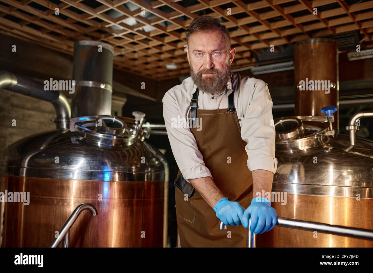 Ritratto del proprietario maturo della birreria che indossa il grembiule con le braccia incrociate Foto Stock