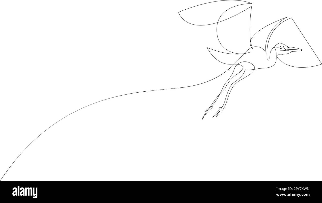 Cicogna che vola nel cielo disegno a linea continua. Uccello Heron in volo una linea d'arte Schizzo lineare nero minimalista isolato su sfondo bianco. VECTO Illustrazione Vettoriale