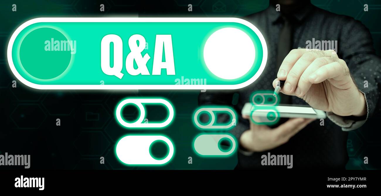 Didascalia concettuale Q A. vetrina aziendale definita come domande e risposte Foto Stock