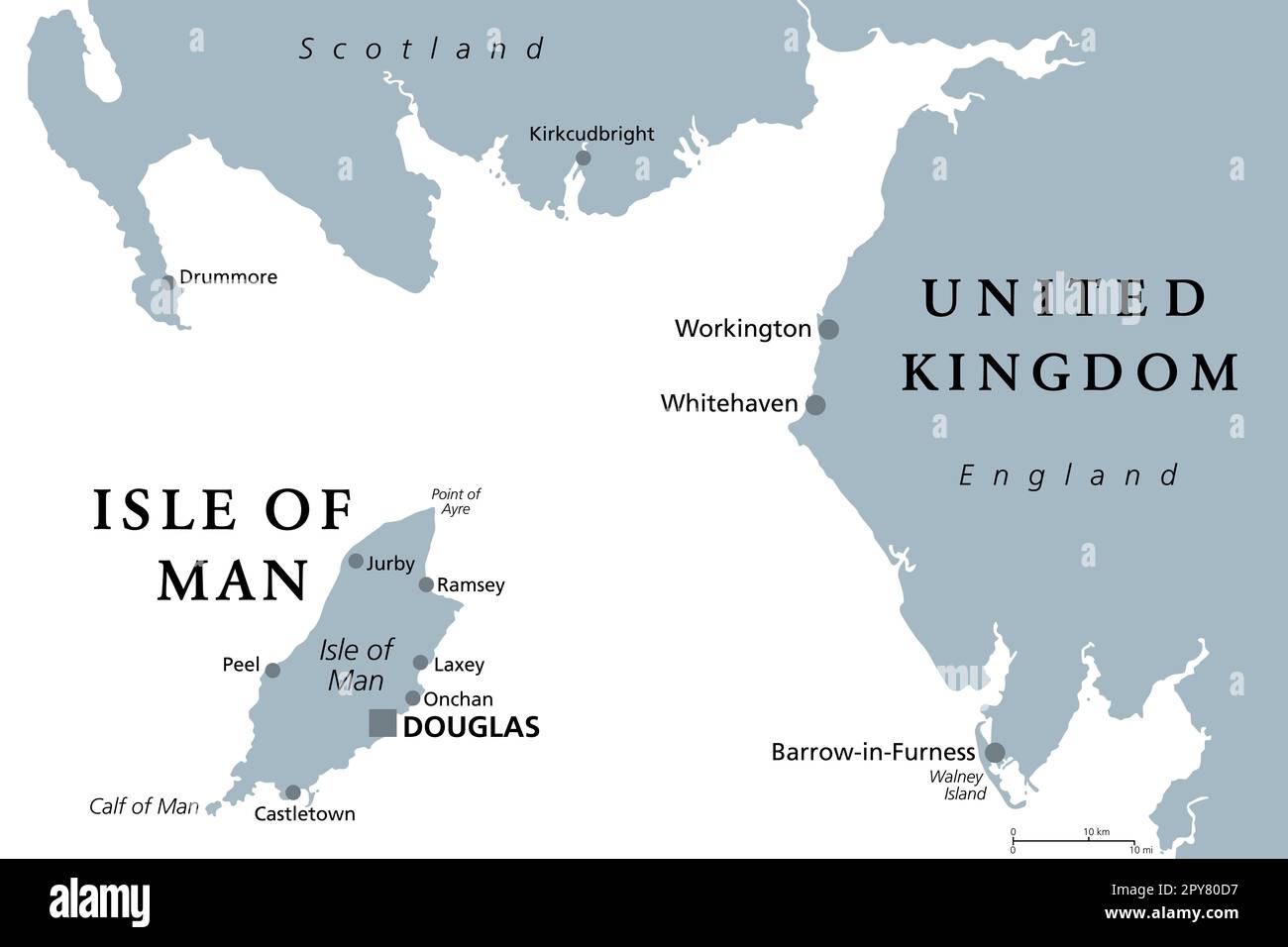 Isola di Man, conosciuta anche come Mann, mappa politica grigia. Una nazione insulare e la dipendenza della Corona Britannica nel Mare d'Irlanda, tra Gran Bretagna e Irlanda. Foto Stock