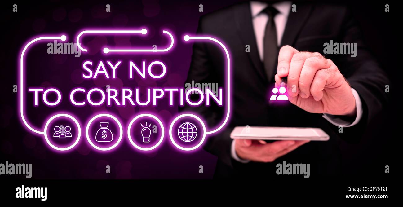 Segno che mostra dire No alla corruzione. Vetrina aziendale che introduce lo scambio di denaro decentralizzato Foto Stock