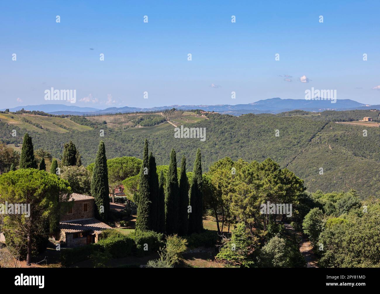 Il paesaggio rurale vicino a Pienza in Toscana. Foto Stock