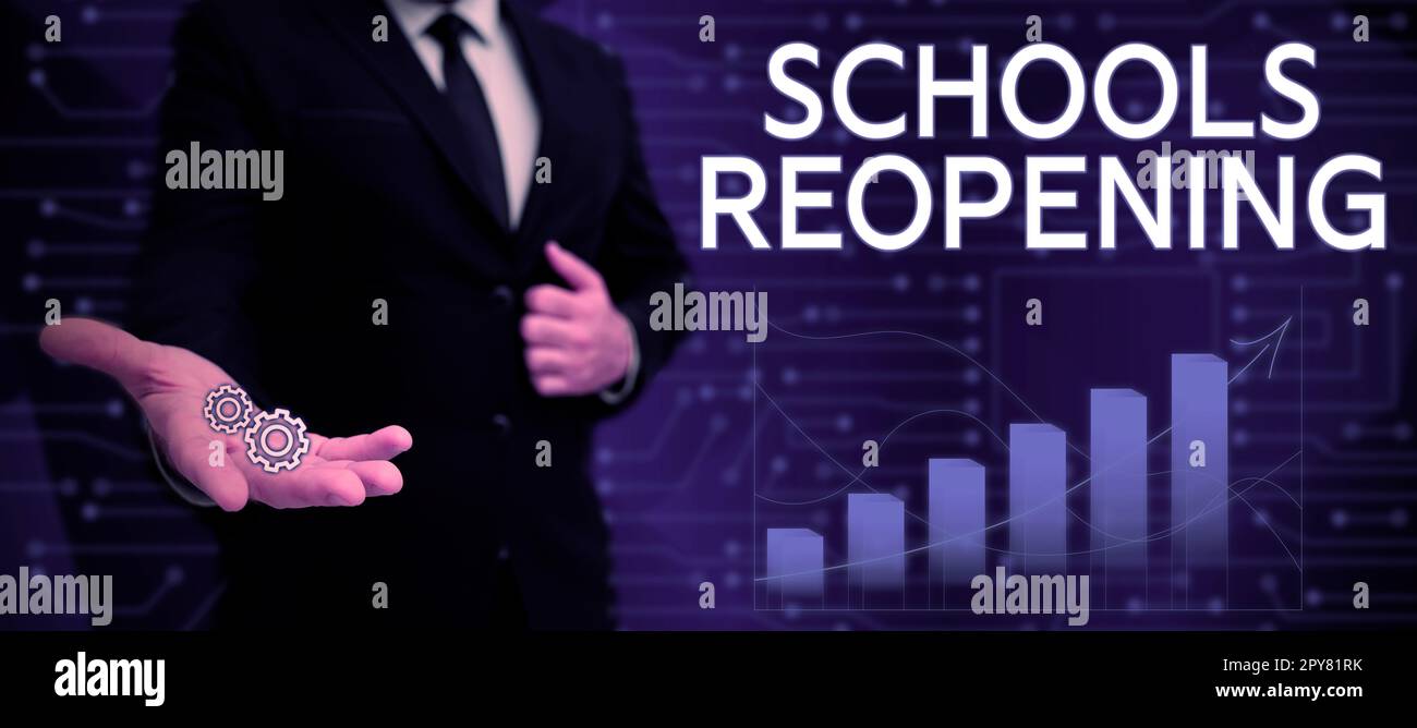 Scrittura visualizzazione testo riapertura scuole. Le classi di approccio aziendale sono terminate per il momento alla fine della giornata scolastica Foto Stock