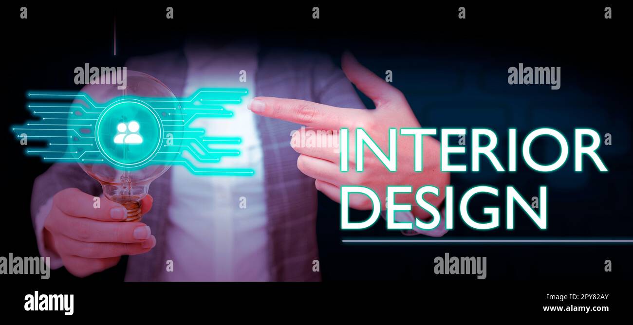 Scrittura a mano di testo Interior Design. Parola per l'arte di progettare la decorazione interna di un edificio Foto Stock