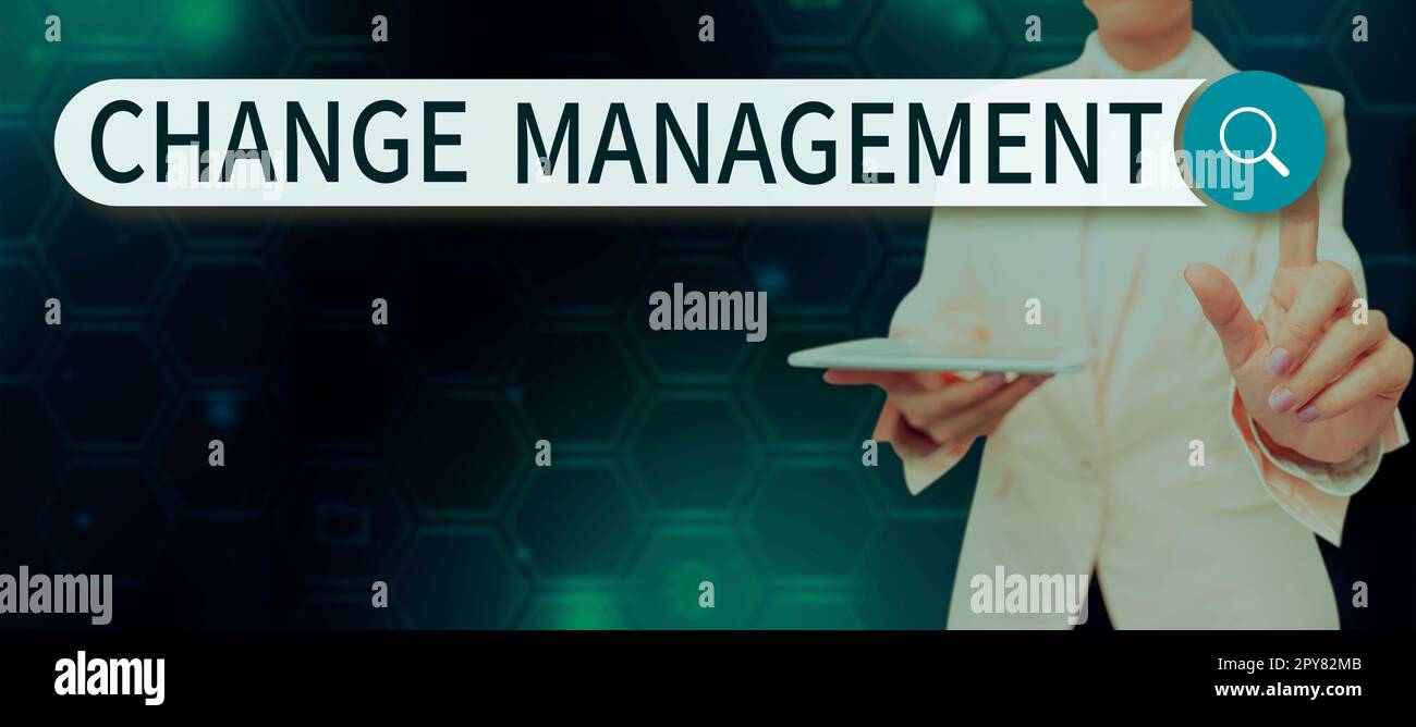 Didascalia di testo che presenta Change Management. Panoramica aziendale Sostituzione della leadership in un'organizzazione nuove politiche Foto Stock