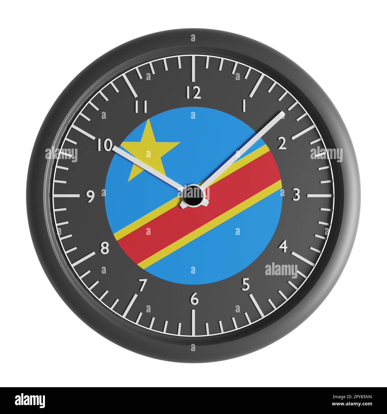 Segnali e simboli. Elemento di progettazione. Illustrazione 3D. Orologio da muro con la bandiera della Repubblica Democratica del Congo Foto Stock
