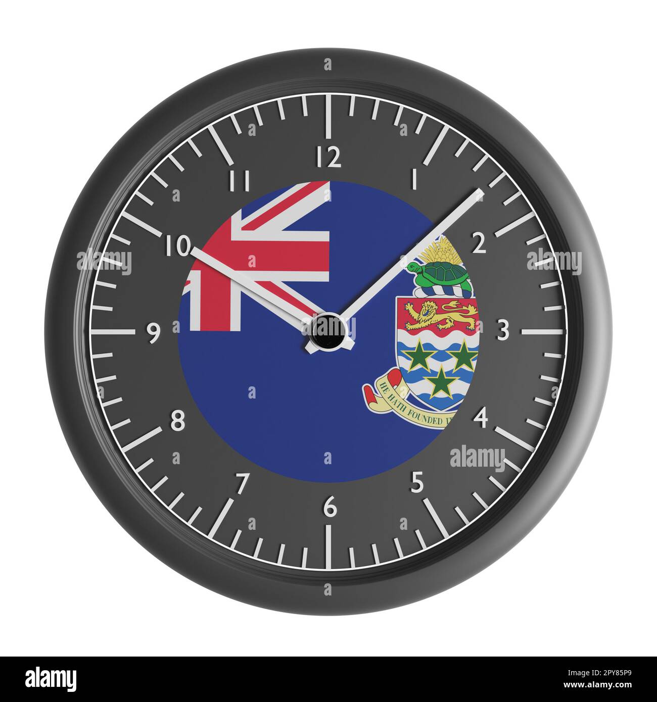 Segnali e simboli. Elemento di progettazione. Illustrazione 3D. Orologio da parete con la bandiera delle Isole Cayman Foto Stock