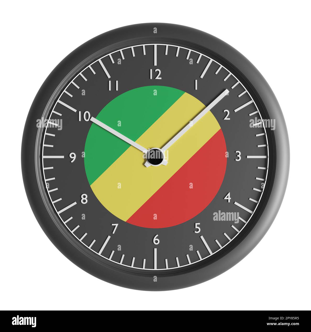 Segnali e simboli. Elemento di progettazione. Illustrazione 3D. Orologio da muro con la bandiera della Repubblica del Congo Foto Stock