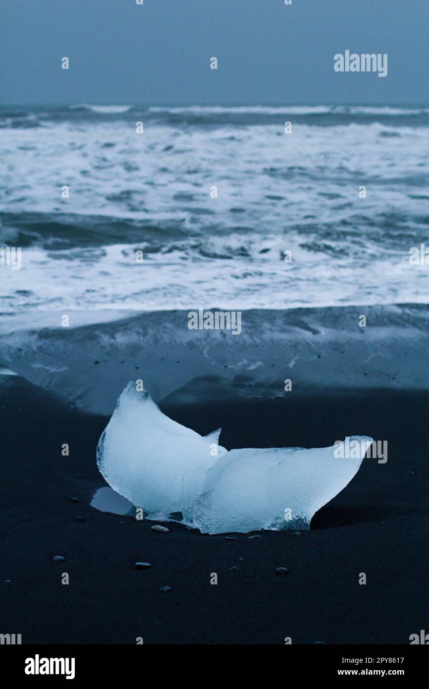 Primo piano pezzi di ghiaccio sulla sabbia nera Concept foto Foto Stock