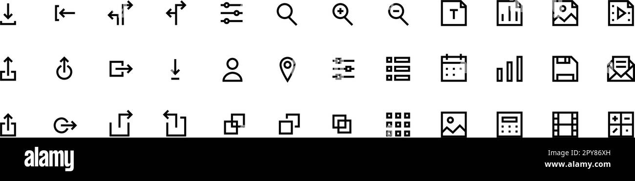 Icone dell'interfaccia utente semplici e minimalistiche. Download, tipo di file. Simboli della linea di navigazione del sito Web. Pixel Perfect, icone del tratto modificabili Illustrazione Vettoriale