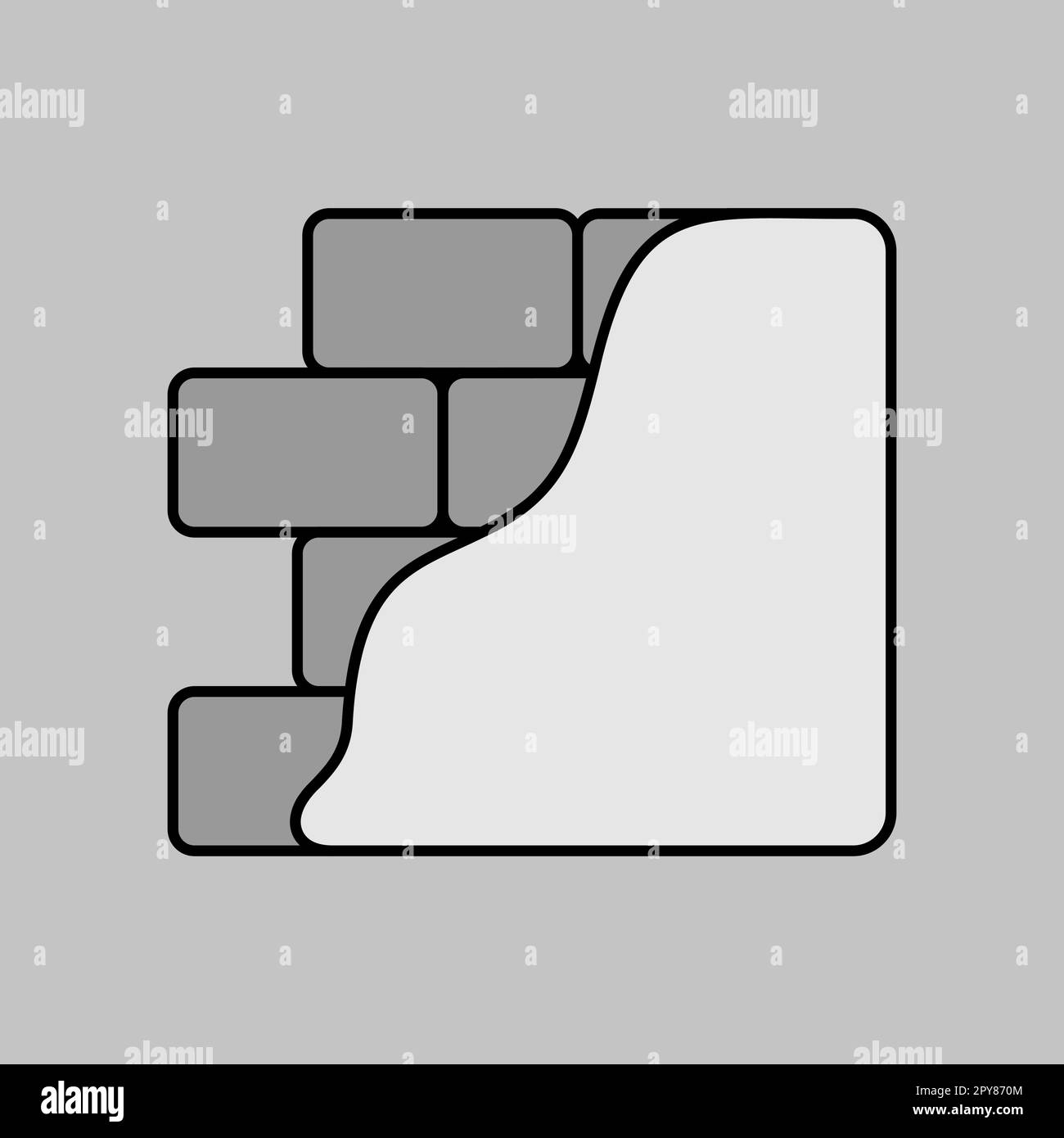 Muro di mattoni con intonaco o intonaco scala di grigi icona. Lavori di costruzione, riparazione e finitura, disegno vettoriale ed illustrazione Illustrazione Vettoriale