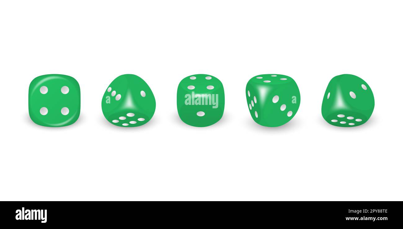 Vector 3D realistico gioco verde dadi con punti bianchi icone Set closeup isolato su sfondo bianco. Cubi di gioco per giocare in diverse posizioni, CAS Foto Stock Vector 3D realistico gioco verde dadi con punti bianchi icone Set closeup isolato su sfondo bianco. Cubi di gioco per giocare in diverse posizioni, CAS Foto Stock