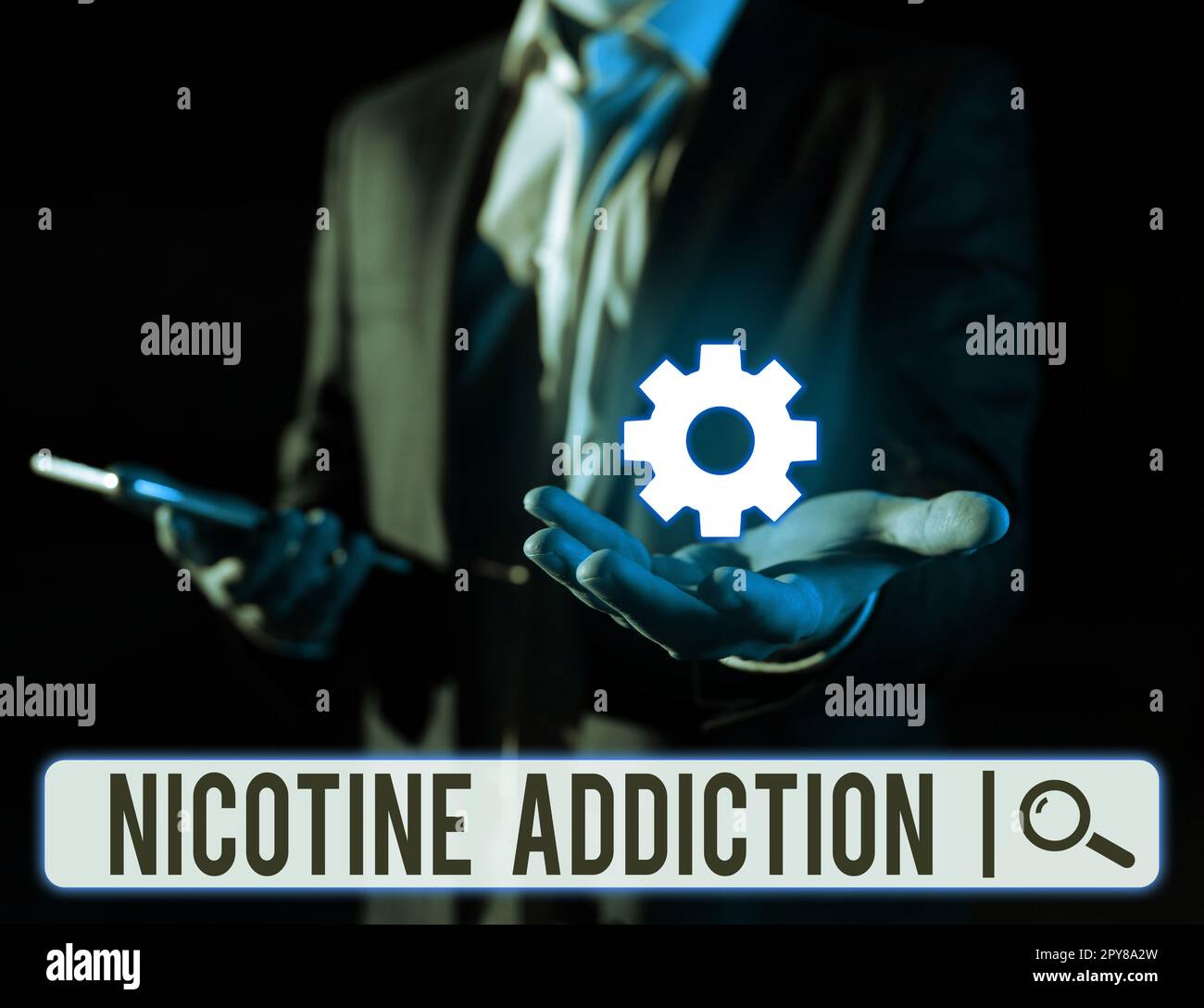 Mano che scrive segno nicotina Addiction. Parola per la condizione di essere dipendente al fumo o consumo di tabacco Foto Stock