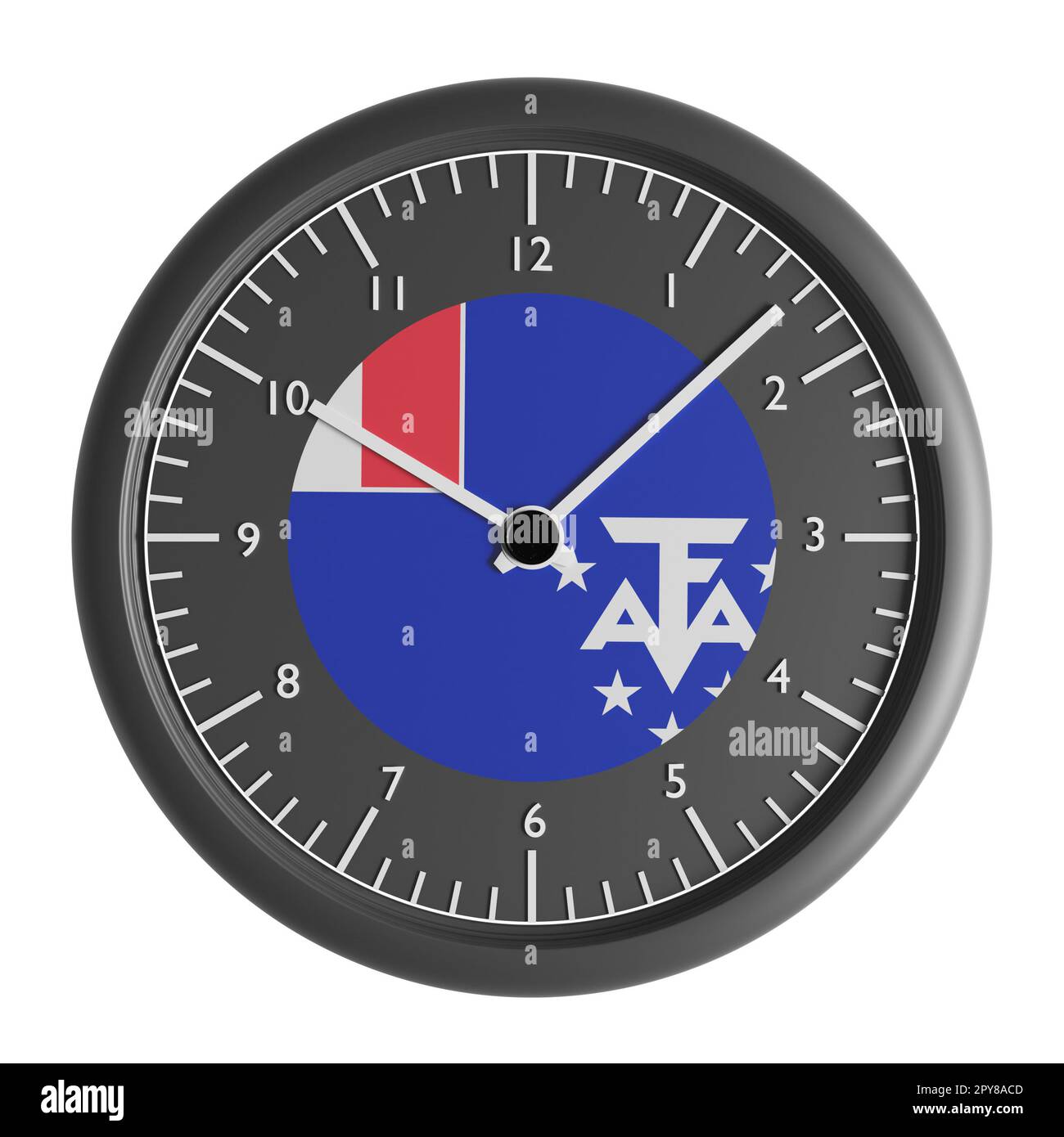 Segnali e simboli. Elemento di progettazione. Illustrazione 3D. Orologio da parete con la bandiera di terre australi e antartiche francesi Foto Stock