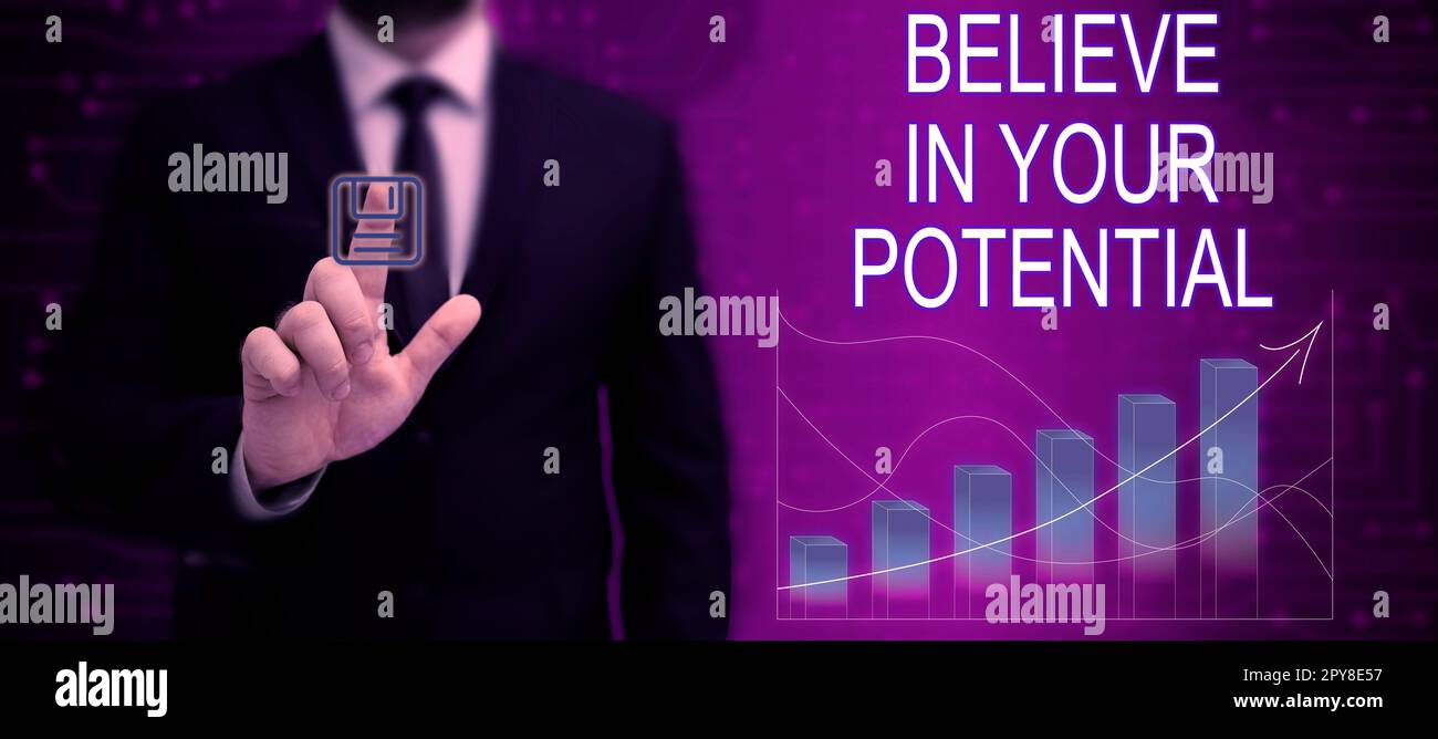 Scrittura a mano testo credere nel vostro potenziale. Parola per avere auto-fiducia motiavate ispirare te stesso Foto Stock