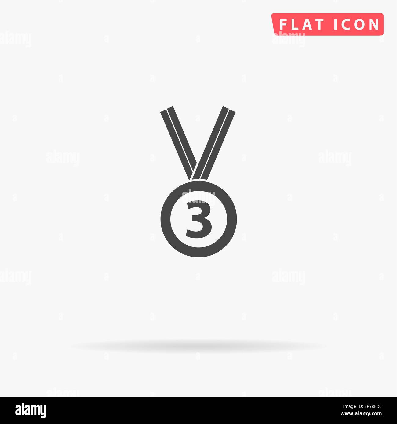 Medaglia di bronzo con nastro. terzo premio, riconoscimento. 3nd° posto. Semplice simbolo nero piatto con ombra su sfondo bianco. Illustrazione vettoriale Foto Stock