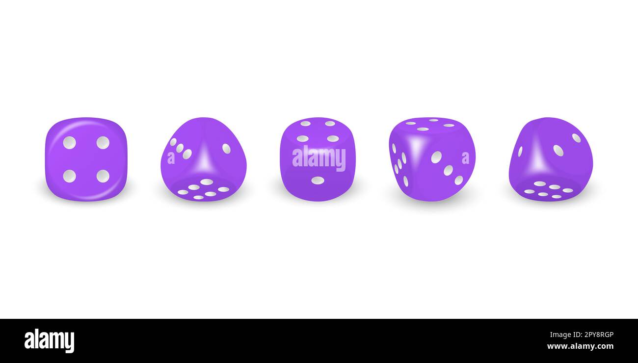 Vector 3D gioco realistico Viola dadi con punti bianchi icone Set Closeup isolato su sfondo bianco. Cubi di gioco per giocare in diverse posizioni, CA Foto Stock Vector 3D gioco realistico Viola dadi con punti bianchi icone Set Closeup isolato su sfondo bianco. Cubi di gioco per giocare in diverse posizioni, CA Foto Stock