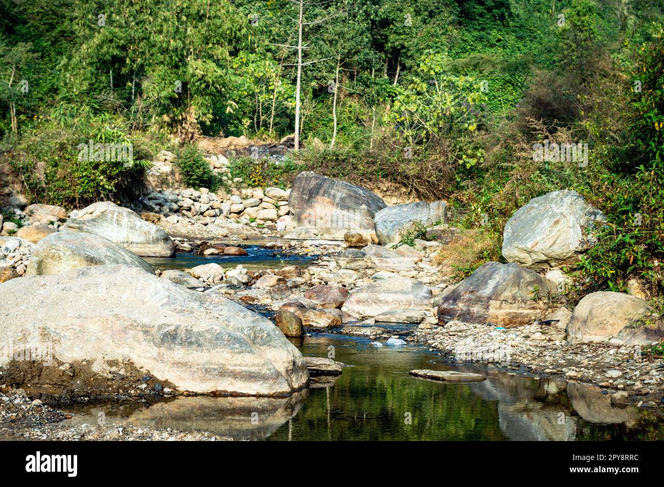 Un piccolo cigolio fluviale che scorre dalla Mountain Valley in uno stretto e tortuoso passaggio. Valle di montagna del fiume Rangbang Mirik Bengala Occidentale India Asia meridionale Pacifico Foto Stock