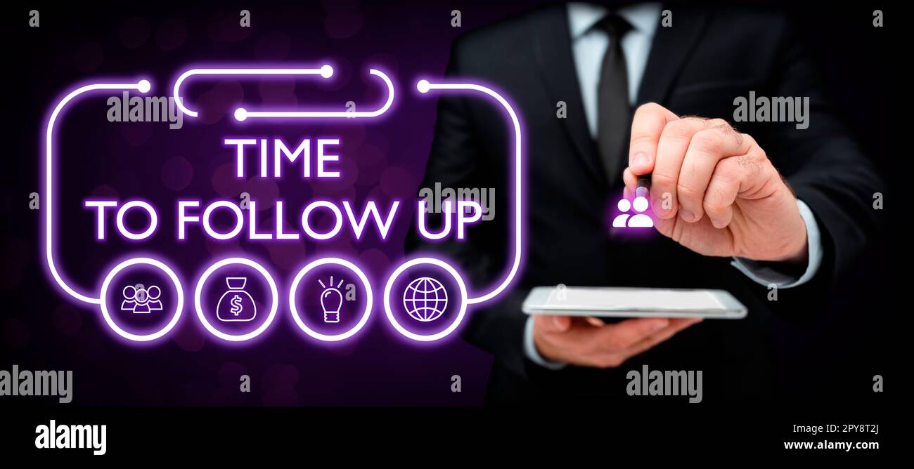 Didascalia di testo che presenta il tempo di follow-up. Approccio aziendale richiesta dell'attività precedente o continuazione delle informazioni Foto Stock