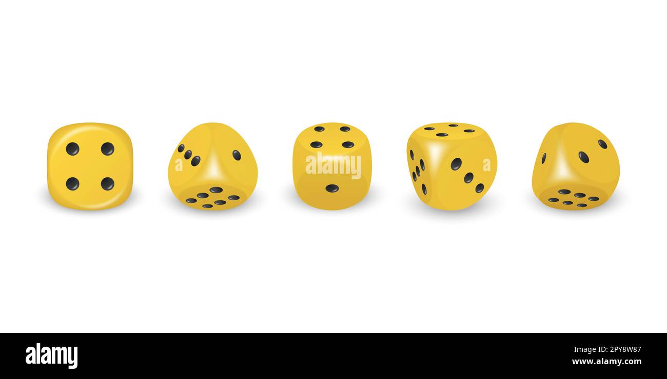 Vector 3D gioco giallo realistico dadi con puntini neri icone Set closeup isolato su sfondo bianco. Cubi di gioco per giocare in diverse posizioni, CA Foto Stock Vector 3D gioco giallo realistico dadi con puntini neri icone Set closeup isolato su sfondo bianco. Cubi di gioco per giocare in diverse posizioni, CA Foto Stock