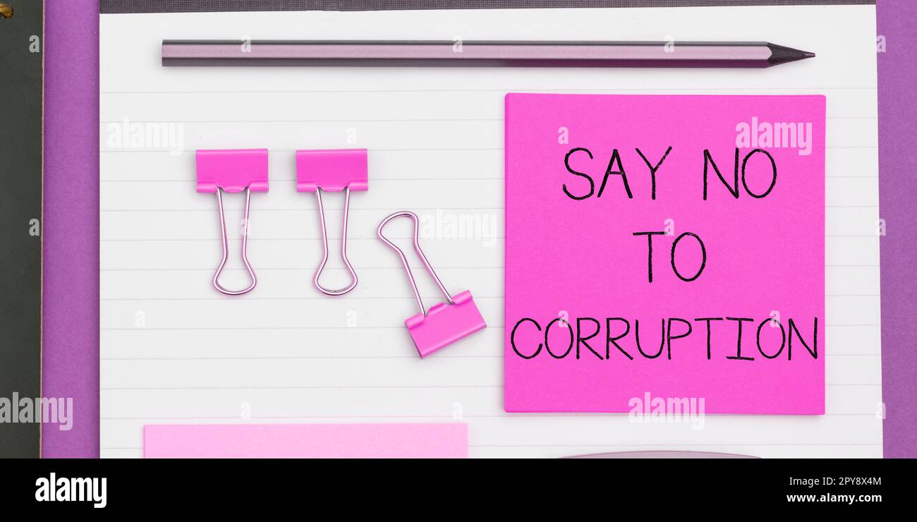 Segno che mostra dire No alla corruzione. Concetto che significa introdurre uno scambio di denaro decentrato Foto Stock