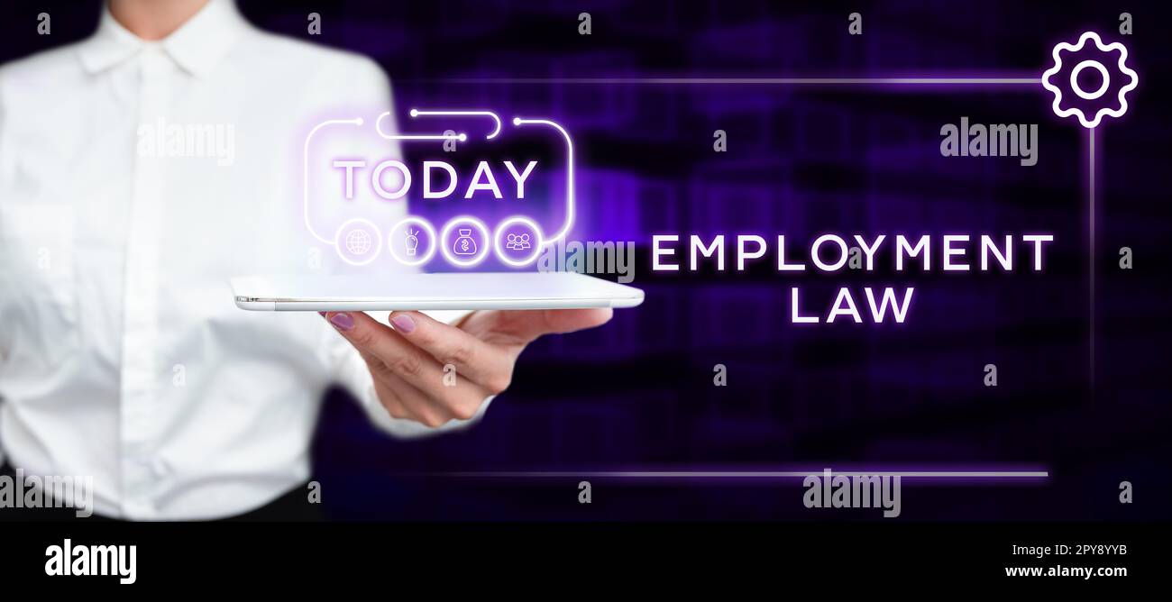 Testo scritto a mano diritto del lavoro. Parola per tratta dei diritti legali e dei doveri dei datori di lavoro e dei dipendenti Foto Stock