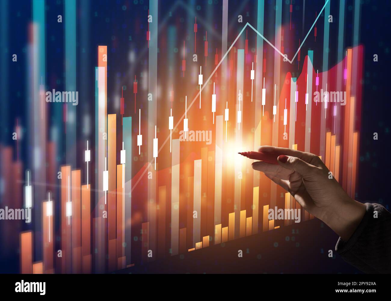 Grafico olografico con indicatori crescenti e una mano di donna. Concetto di crescita aziendale, avvio redditizio, strategia commerciale redditizia, aumento delle vendite. Prestazioni elevate Foto Stock