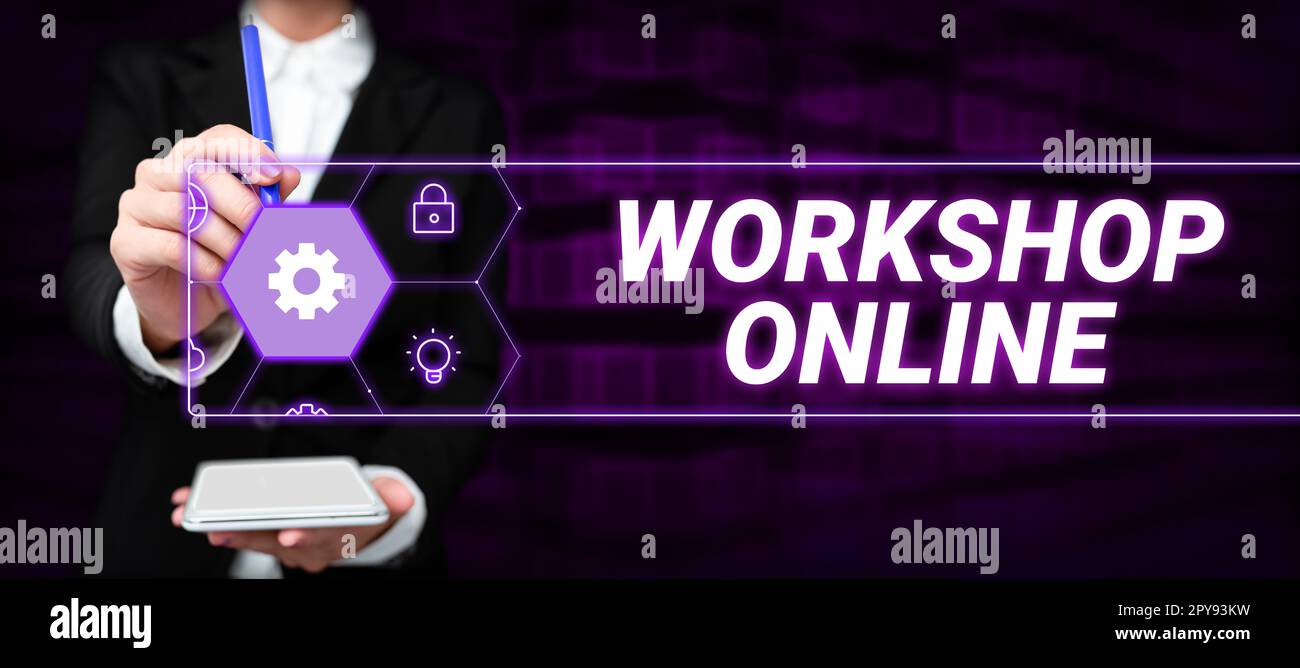 Manuale di testo Workshop online. Sala fotografica concettuale o edificio in cui i beni sono fabbricati riparati Foto Stock