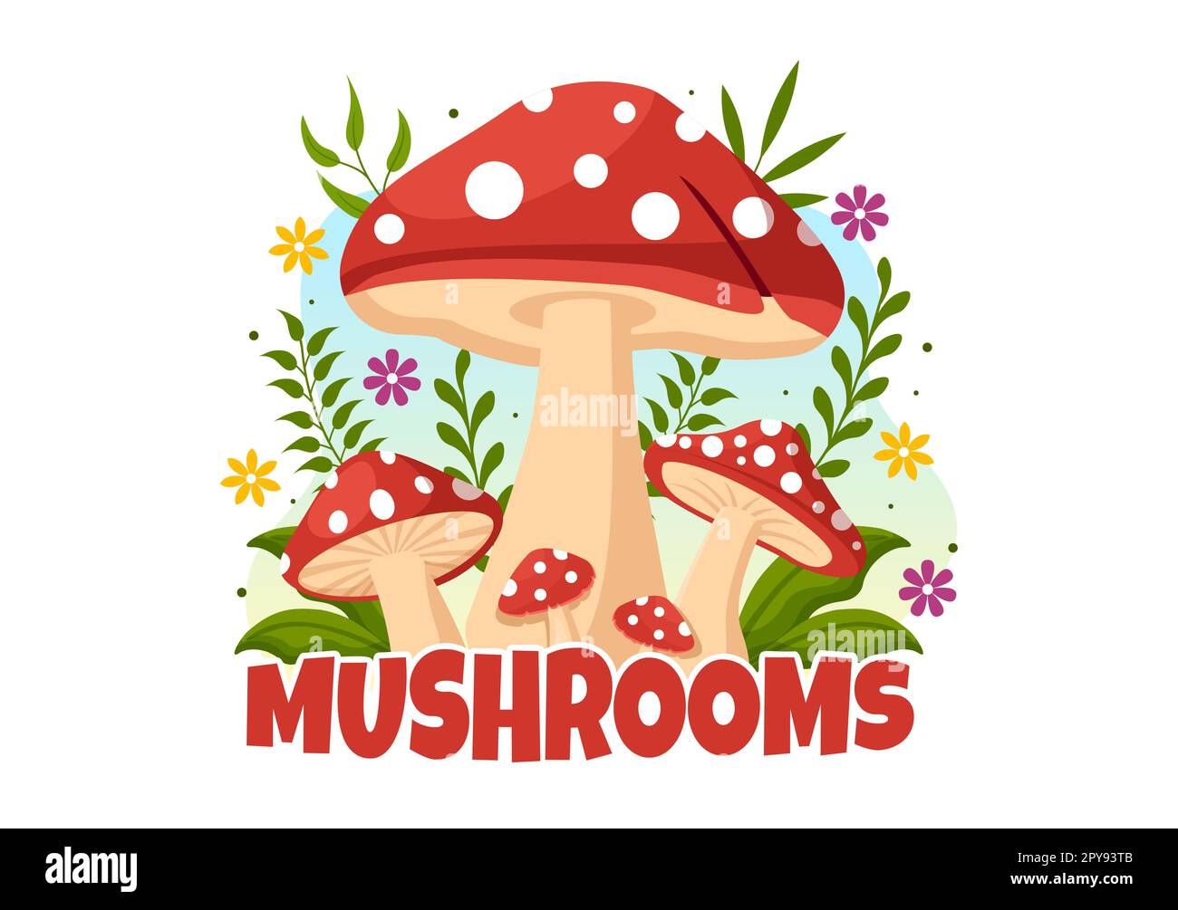 Funghi Illustrazione con diversi funghi, erba e insetti per banner Web o landing page in Cartoon piano modelli disegnati a mano Foto Stock