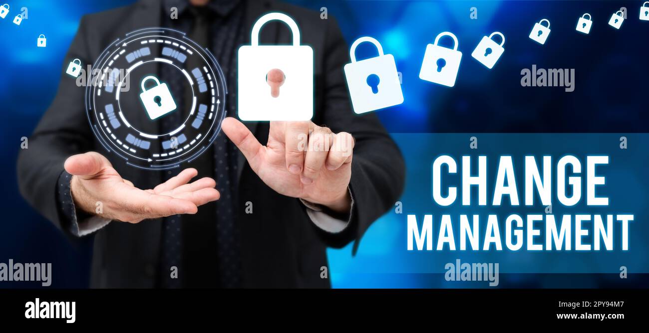 Firma di scrittura a mano Change Management. Idea di business Sostituzione della leadership in un'organizzazione nuove politiche Foto Stock