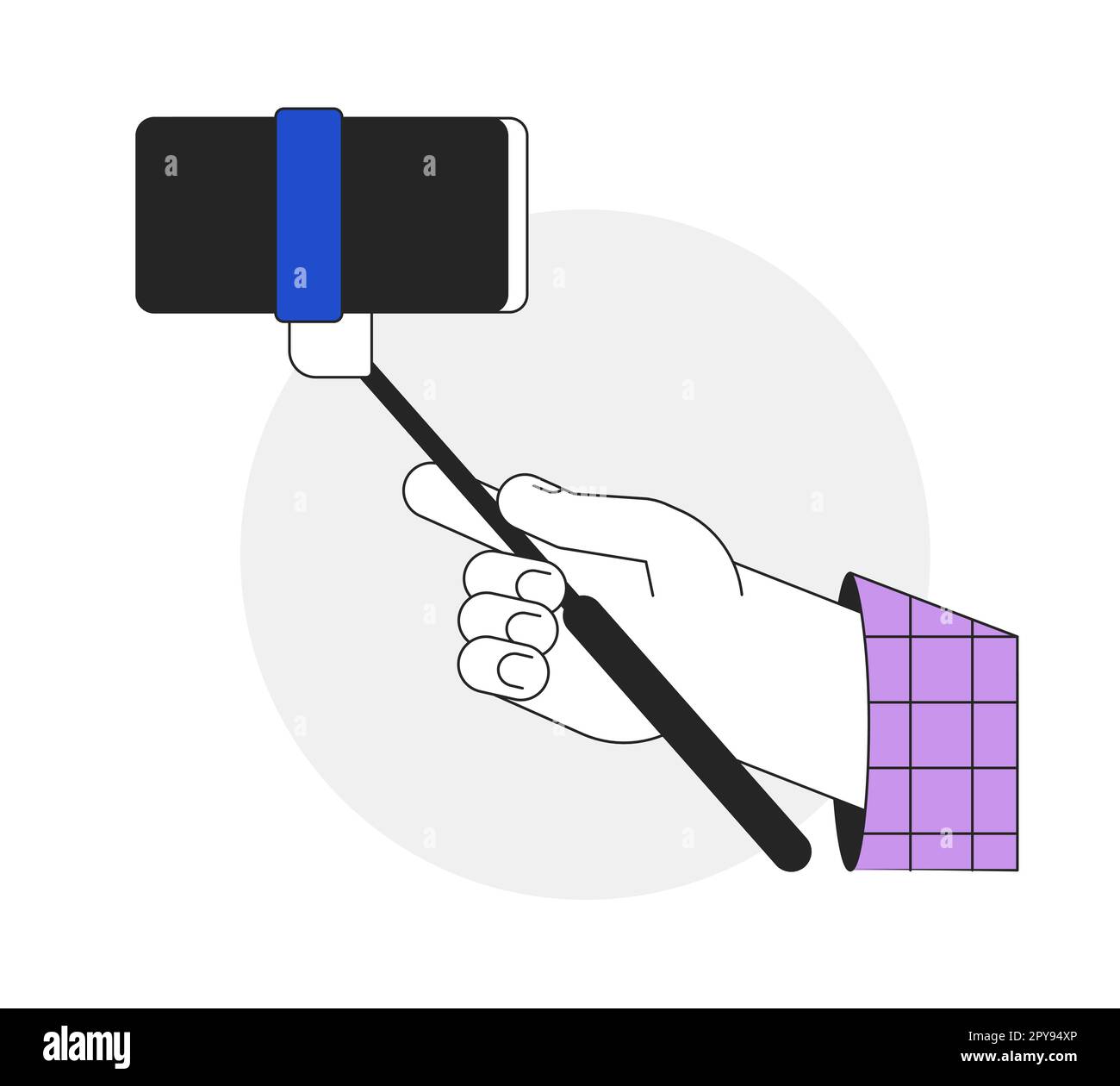 Tenendo il selfie stick con la figura del punto vettoriale a linea piatta per la linea di primo piano dello smartphone Illustrazione Vettoriale