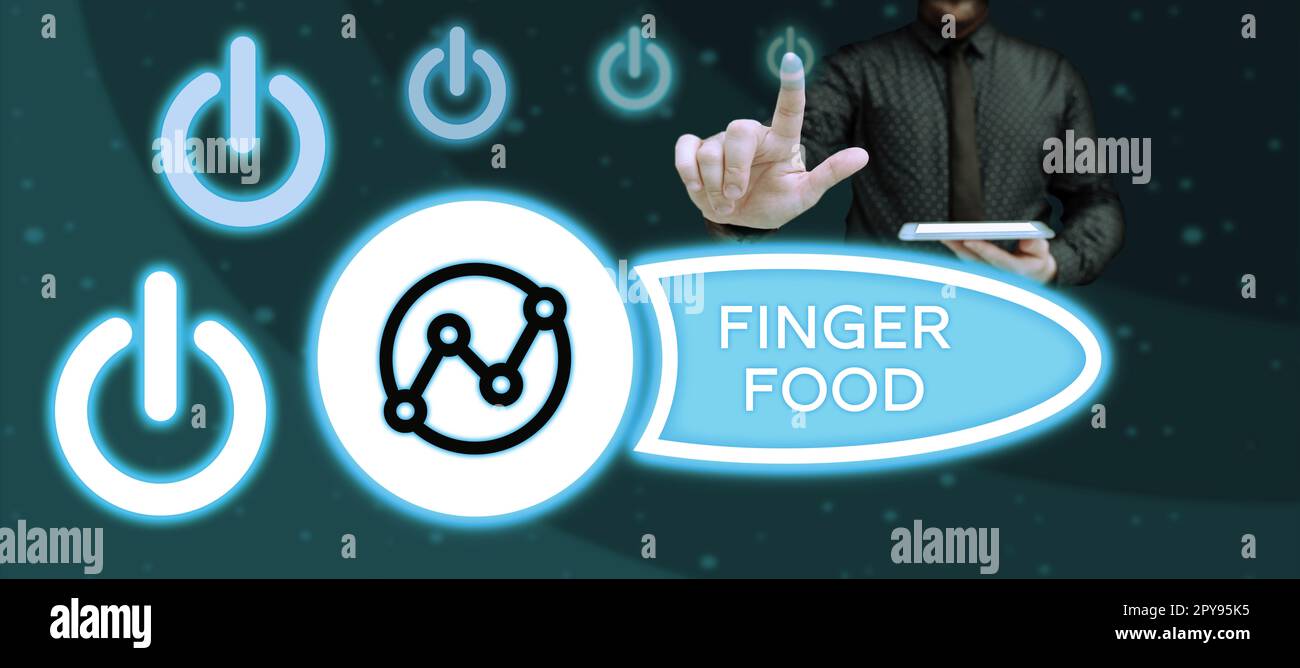 Ispirazione che mostra il segno Finger Food. Concetto che significa prodotti e digestivi che deve essere tenuto con le dita per mangiare Foto Stock
