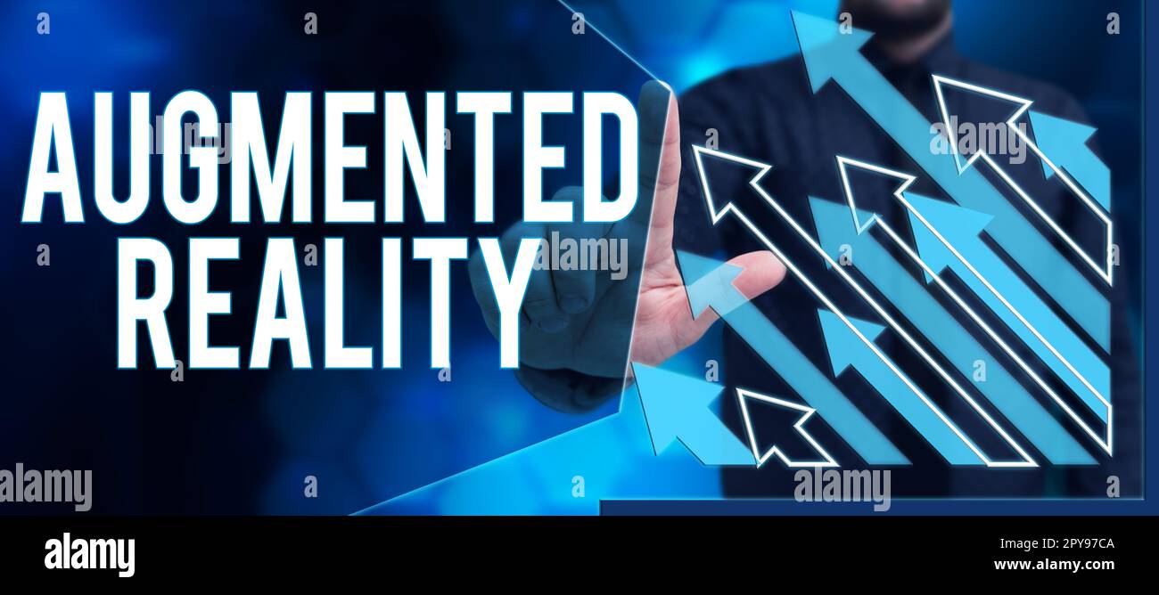 Segno di testo che mostra la realtà aumentata. Tecnologia fotografica concettuale che impone l'immagine del computer al mondo reale Foto Stock