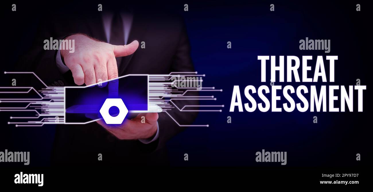Scrittura con testo Threat Assessment visualizzato. Parola scritta sulla determinazione della gravità di una potenziale minaccia Foto Stock