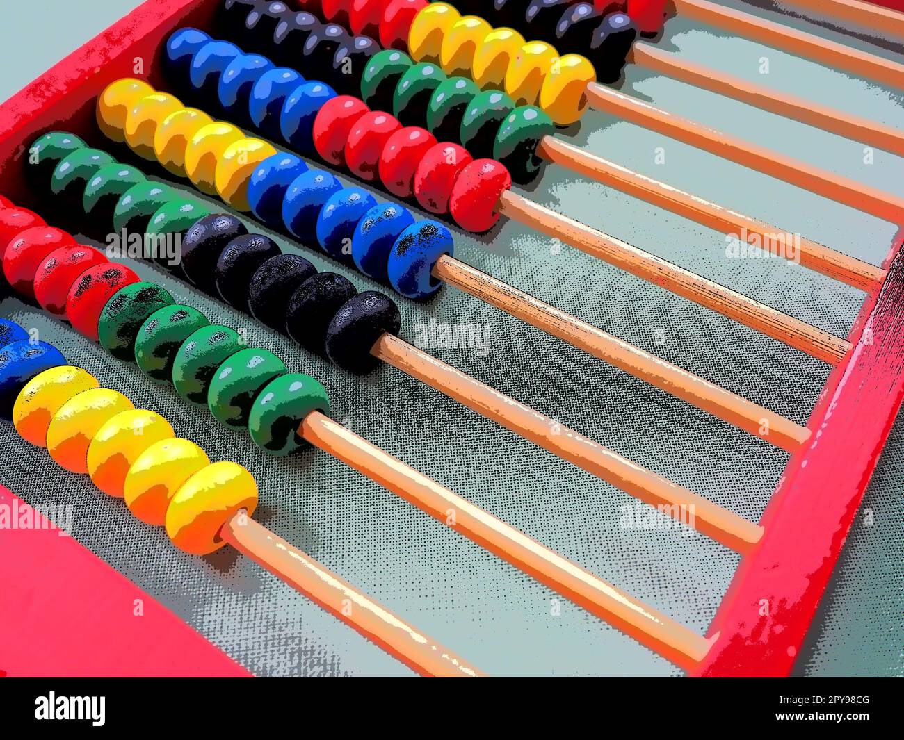 Concetto educativo - abaco con molte perle colorate. Dettagli rossi, blu, verdi, neri e gialli sull'abaco. Esercizi matematici. Programma scolastico Foto Stock