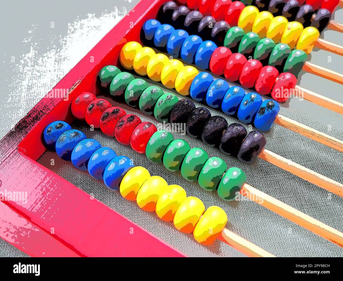 Concetto educativo - abaco con molte perle colorate. Dettagli rossi, blu, verdi, neri e gialli sull'abaco. Esercizi matematici. Programma scolastico Foto Stock