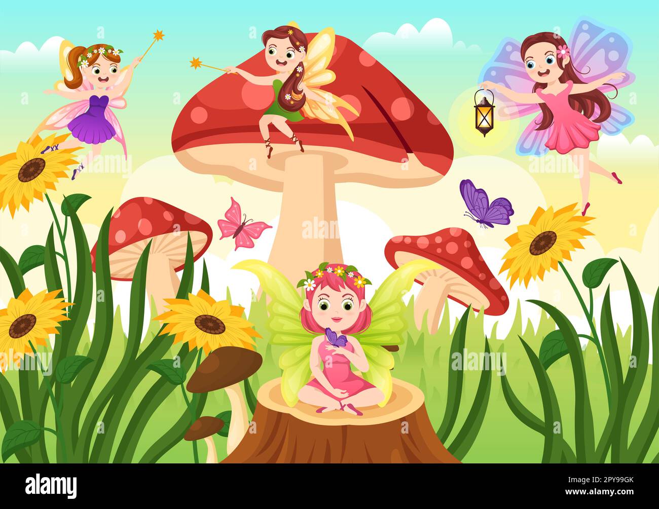 Bella Flying Fairy Illustration con Elf, Landscape Tree e Green Grass in Cartoon piano disegnato a mano per banner Web o modelli di landing page Foto Stock