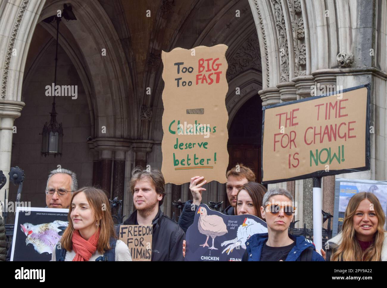 Londra, Regno Unito. 3rd maggio 2023. I manifestanti si sono riuniti al di fuori delle Corti reali di giustizia come beneficenza animale la Humane League UK intraprende un'azione legale contro il governo contro i "Frankenchickens”, polli che sono allevati a tassi anormali fino a dimensioni anormali, il che secondo gli attivisti provoca grandi sofferenze e viola il benessere degli animali d'allevamento. Credit: Vuk Valcic/Alamy Live News Foto Stock