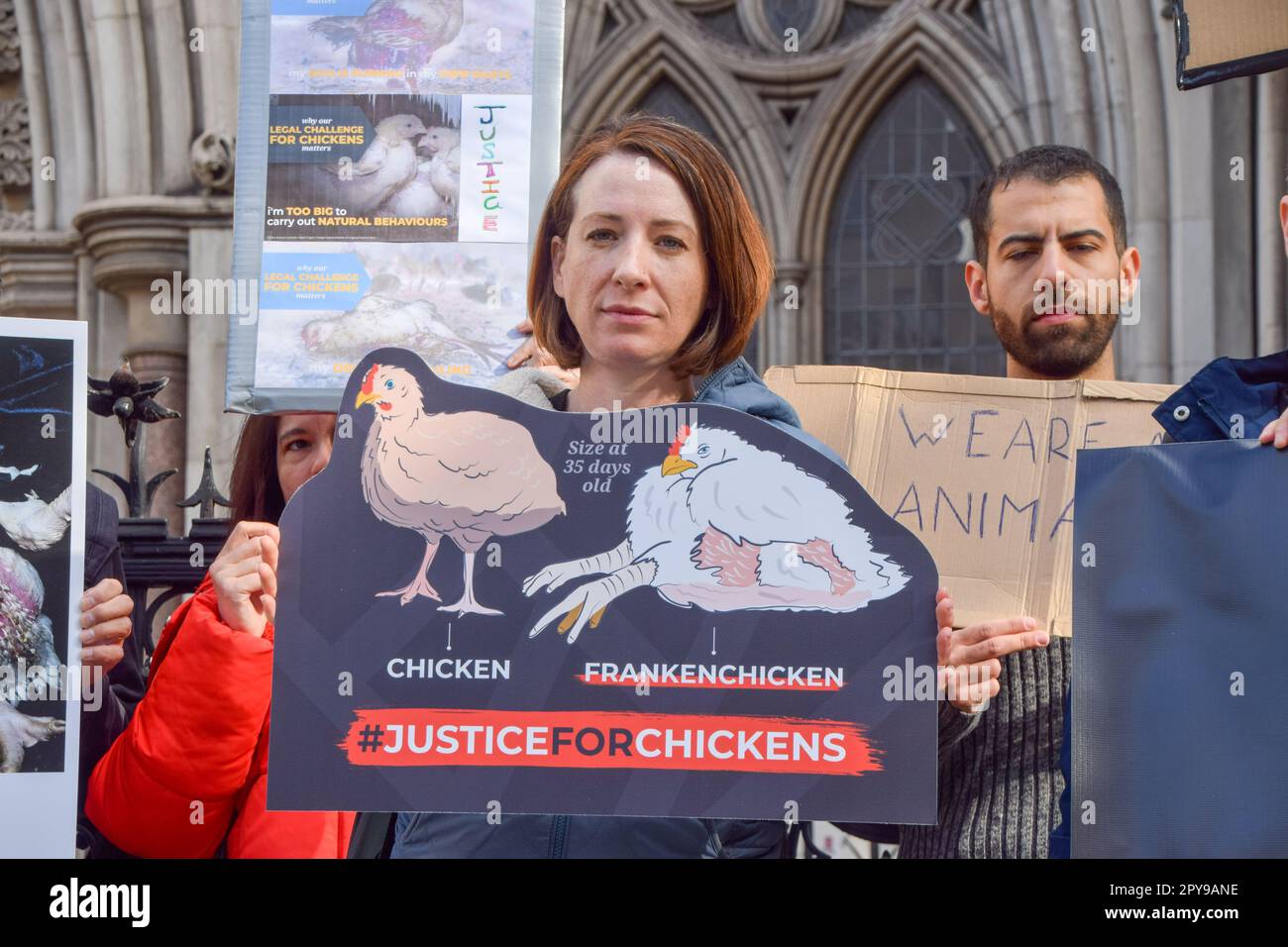 Londra, Inghilterra, Regno Unito. 3rd maggio, 2023. I manifestanti si sono riuniti al di fuori delle Corti reali di giustizia come beneficenza animale la Humane League UK intraprende un'azione legale contro il governo contro i "Frankenchickens”, polli che sono allevati a tassi anormali fino a dimensioni anormali, il che secondo gli attivisti provoca grandi sofferenze e viola il benessere degli animali d'allevamento. (Credit Image: © Vuk Valcic/ZUMA Press Wire) SOLO PER USO EDITORIALE! Non per USO commerciale! Foto Stock