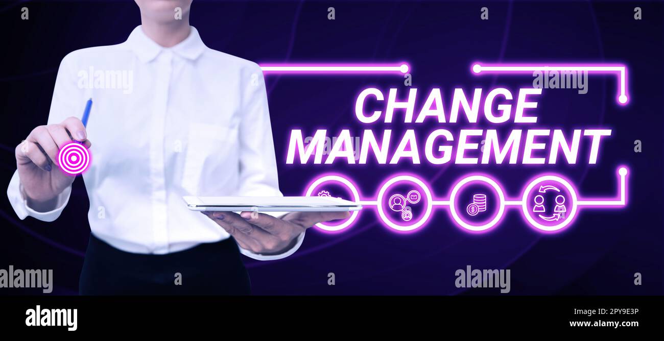 Didascalia di testo che presenta Change Management. Panoramica aziendale Sostituzione della leadership in un'organizzazione nuove politiche Foto Stock