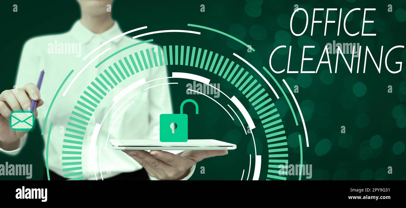 Testo che mostra Inspiration Office Cleaning. Idea aziendale l'azione o il processo di pulizia dell'interno dell'edificio degli uffici Foto Stock