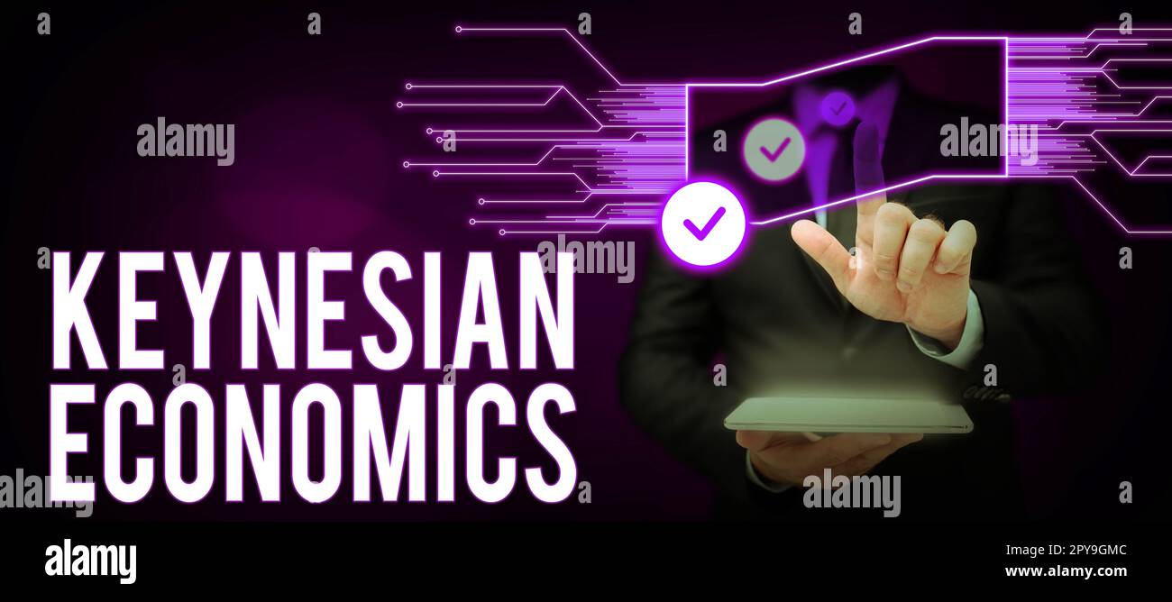 Scrittura a mano segno Keynesian Economics. Foto concettuale programmi monetari e fiscali da parte del governo per aumentare l'occupazione Foto Stock