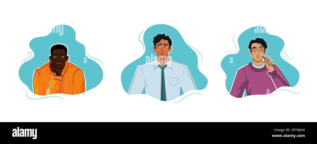 Diversi uomini dubbiosi in processo di pensiero Illustrazione Vettoriale