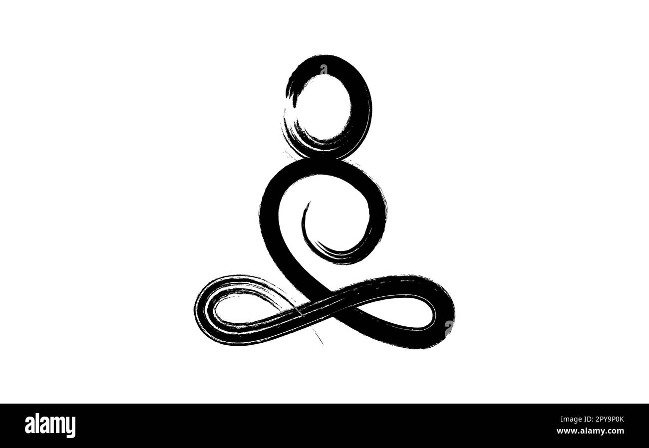 posizione yoga nel simbolo dei tratti vettoriali dell'inchiostro nero. Logo astratto linea audace yoga umana lineare. Illustrazione dell'icona della linea di meditazione disegnata a mano Illustrazione Vettoriale