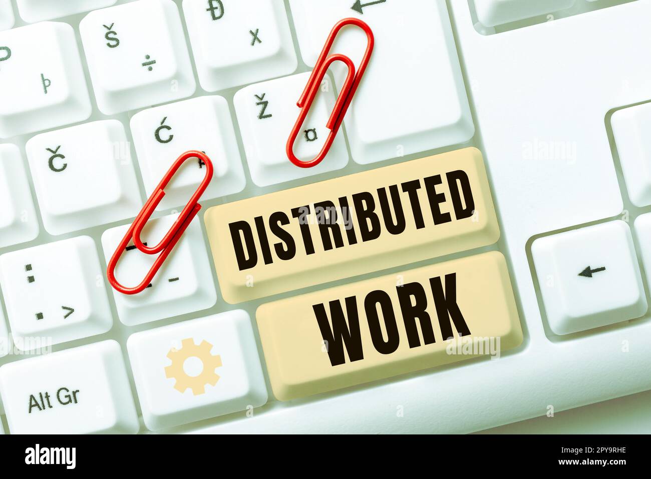 Didascalia di testo che presenta il lavoro distribuito. Approccio aziendale adottato dalle aziende che utilizzano strutture di rete Foto Stock