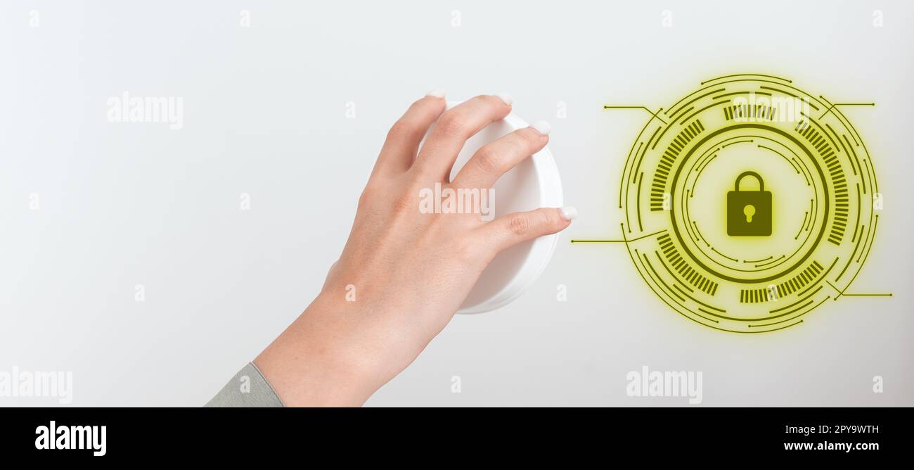 La mano gira l'interruttore rotondo mostrando le nuove tecnologie futuristiche. Idee creative e concetti principali importanti. Design digitale con bagliore dai colori vivaci. Foto Stock