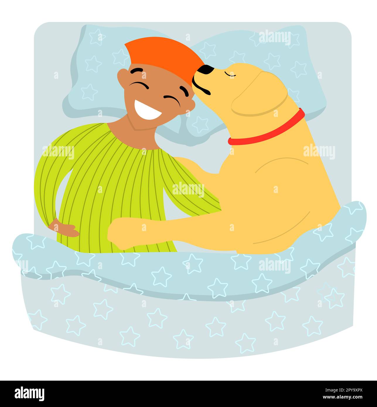 il cane dorme a letto. Il cane giace su un cuscino sotto le coperte. Labrador in vacanza. Dormi con un animale domestico Foto Stock